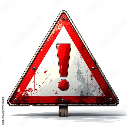 A weathered, rusty warning sign with a central exclamation point