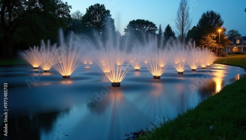 Evening Water Fountain Display with Warm Yellow Lights Creating a Mesmerizing Reflection on the Calm Water Surface in a