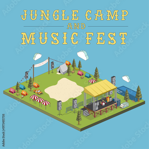 Minimal isometric campsite with music festival