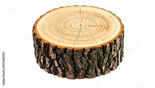 Cross-section of a tree trunk, showcasing growth rings, isolated