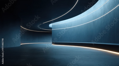 Modern Futuristic Interior Corridor with Blue and Orange LED Lighting and Textured Concrete Walls Creating a Dramatic and Sleek Atmosphere