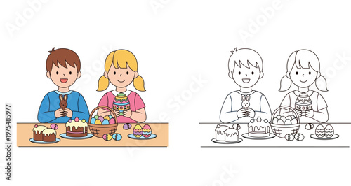Happy Children Celebrating Easter with Decorated Eggs Chocolate Bunny and Cakes Illustration and Coloring Book Page Set for Kids Holiday Activities Vector