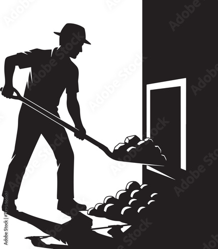 Vintage industrial laborer silhouette shoveling coal, manual worker stoking furnace with shovel, retro black and white woodcut style vector illustration