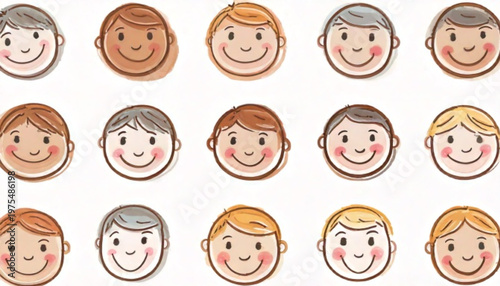 Diverse collection of smiling cartoon faces representing various ethnicities and expressions.