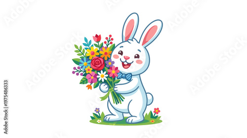 White rabbit holding colorful flower bouquet.
