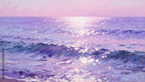 Impressionist Oil Painting of Sea Waves in Pink-Purple Tones