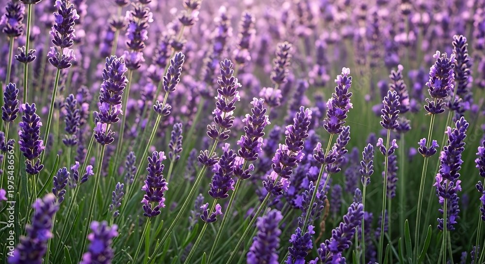 Obraz premium Beautiful vibrant lavender flowers field in full bloom during summer season.