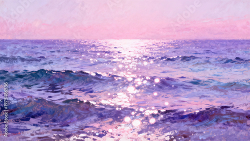 Impressionist Oil Painting of Sea Waves in Pink-Purple Tones