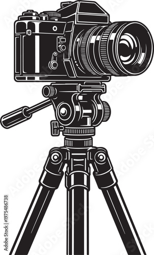 Vintage SLR camera on professional tripod vector illustration, retro photographic equipment icon, black and white film camera design element