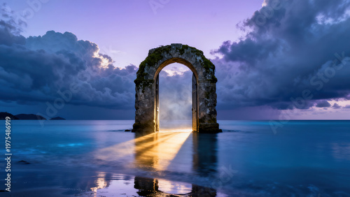 Mysterious Stone Arch and Light in Sea at Dusk
