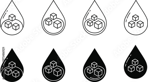 Minimalist vector set of sugar drop icons featuring white sugar cubes inside liquid droplets in line art and solid black silhouette styles for healthcare.