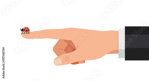 Business hand pointing with a ladybug on finger symbolizing luck and software testing precision