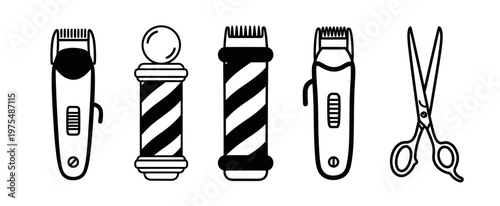 Barber shop icon set featuring clippers scissors and barber pole in black and white line art style