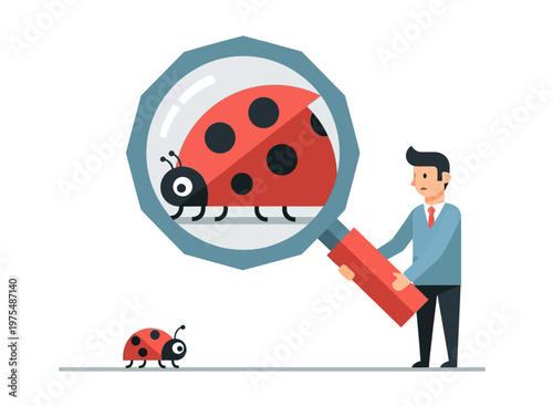 Businessman looking through magnifying glass at ladybug for software debugging and quality assurance concept