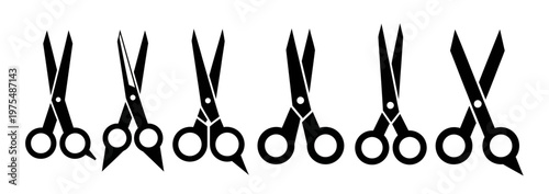 Black scissor silhouettes row collection for hair salon and craft workshop graphic design elements