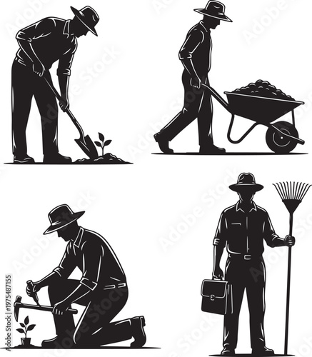 Vintage farmer silhouette set, agricultural worker with shovel and wheelbarrow, gardening and landscaping icons, black and white vector collection