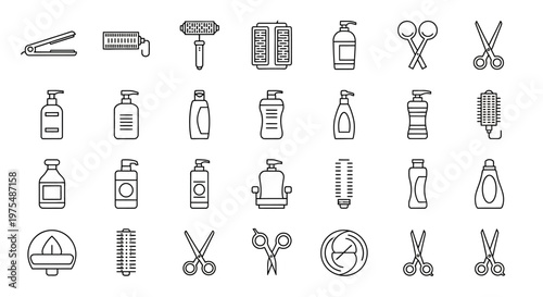 Hairdresser and barber shop tool icons set with shampoo bottles scissors and combs line art