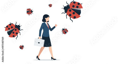 Businesswoman walking with briefcase surrounded by ladybugs representing software bug tracking and debugging concept