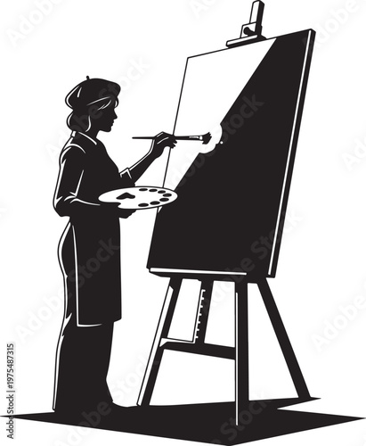 Vintage female artist silhouette painting on canvas, professional painter with palette and brush at easel, black and white vector art illustration