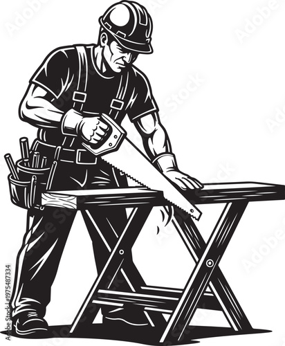 Vintage carpenter vector illustration, professional woodworker using hand saw on workbench, construction worker in hard hat and tool belt