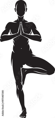 Yoga tree pose silhouette vector, athletic male figure in vrikshasana meditation, black and white zen wellness illustration for fitness branding