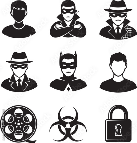 Black and white criminal avatar icons, mysterious hacker and thief character set, 9 vector elements for security and movie themes