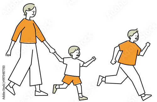 元気いっぱいに走り回る子供たちとそれを見守る母親の親子線画イラスト