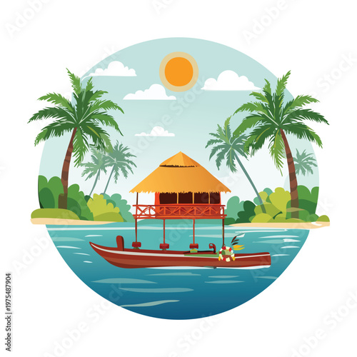 Tropical scene with hut on stilts boat palm trees and turquoise water vector