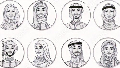 Diverse portraits of Middle Eastern individuals in traditional attire, circular frames.