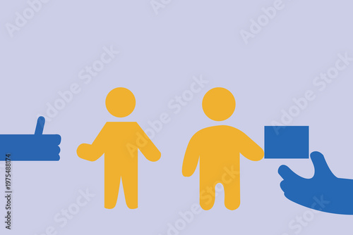 Two people interacting with digital objects and a hand