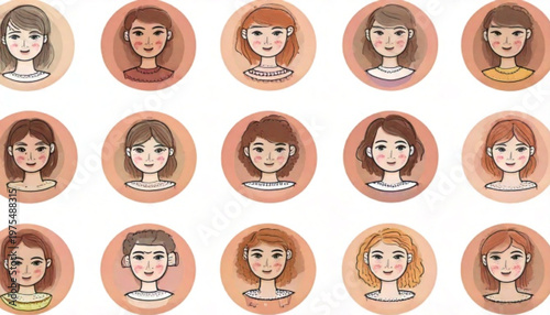 Diverse portraits of women in circular frames, various expressions.