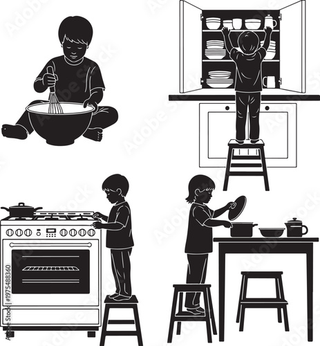 Black silhouette children cooking in kitchen vector set, young kids helping with baking and meal preparation, child safety and home education icons