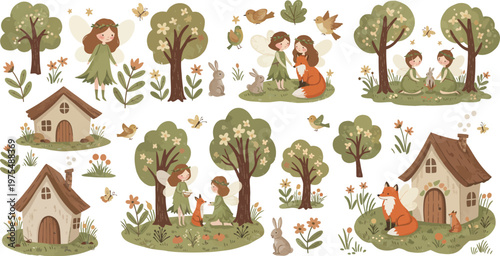 Whimsical illustrations of houses trees people and animals in a forest setting with flowers and foliage everywhere outside homes