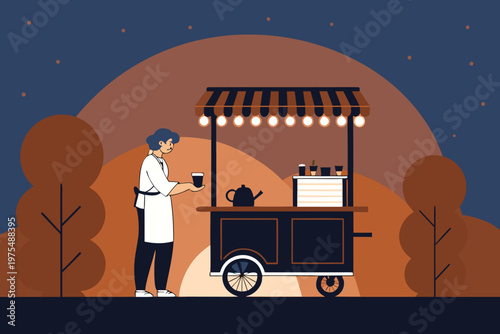 Street Coffee Cart Night Illustratio