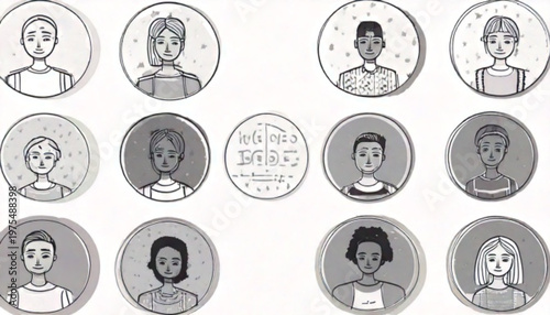 Diverse group of people portraits in circular frames, monochrome style.