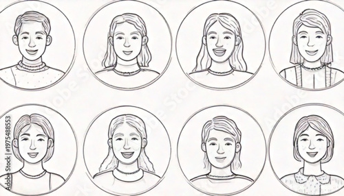 Diverse group of people portraits in circular frames, smiling and looking forward.