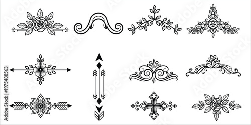 Black and White Decorative Flourishes and Ornate Borders with Floral and Geometric Motifs Keywords: flourish, ornament, decorative, border
