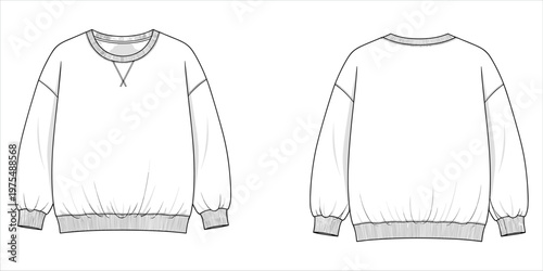 Front and Back Technical Drawing of a White Crew Neck Sweatshirt with Dropped Shoulders Keywords: sweatshirt, crew neck, long sleeve