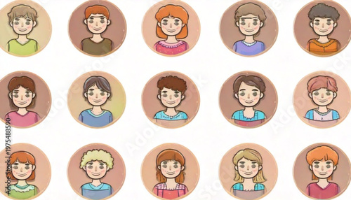 Diverse group of people portraits in circular frames, various hairstyles and expressions.