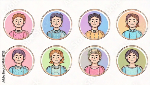 Diverse group of people portraits in colorful circular frames, smiling and looking forward.