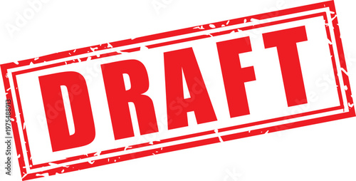 Rectangular Red Distressed Draft Rubber Stamp Vector, perfect for indicating unfinished documents, preliminary versions, and work-in-progress status in administrative, creative, or legal contexts