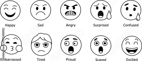Set of Ten Black and White Emoji Icons Representing Different Emotions Keywords: emoji, emoticon, face, expression, emotion, icon, symbol