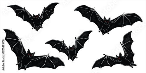 Five Black Bats with Red Eyes Flying on White Background illustration