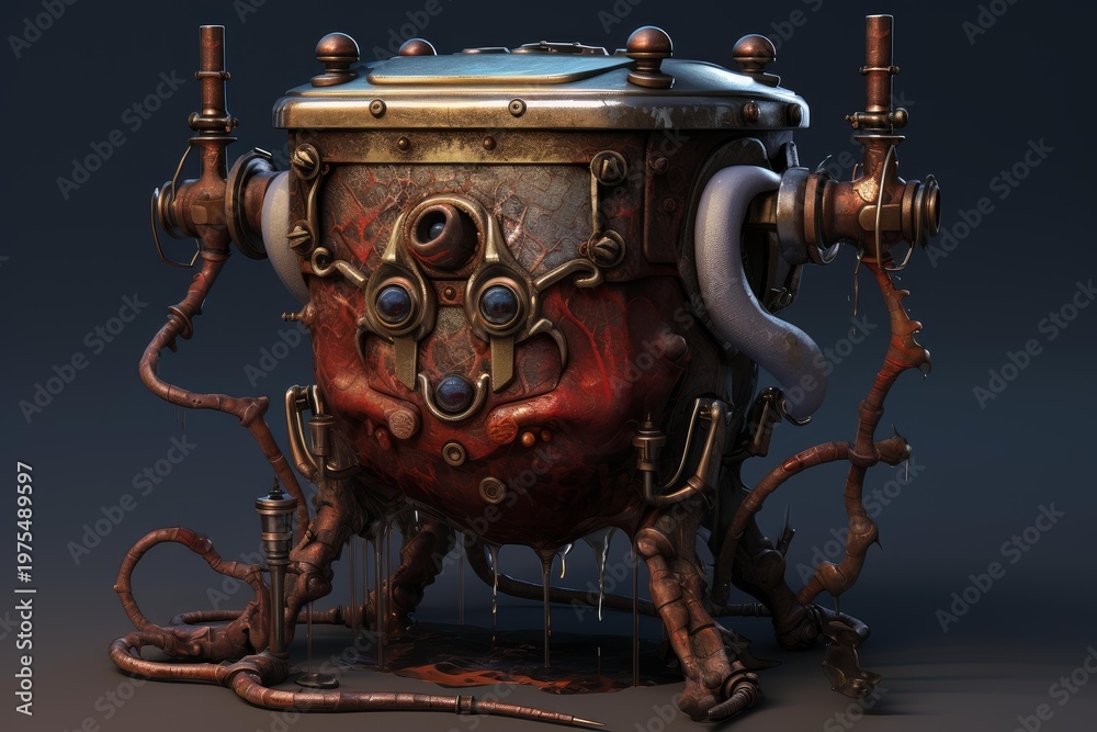 Fototapeta premium Rusted steampunk machine featuring complex pipes and gears