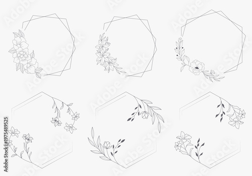 Floral polygon hand drawn style. Floral black and white frames of twigs, leaves and flowers. Frames for Valentine’s Day, wedding decor, logo and identity template.