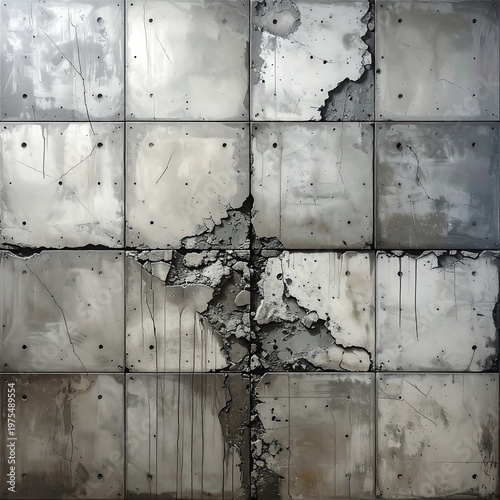 Crumbling square panels with texture, cracks, and a central break