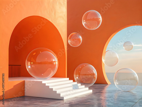 A colorful room with bubbles floating in the air