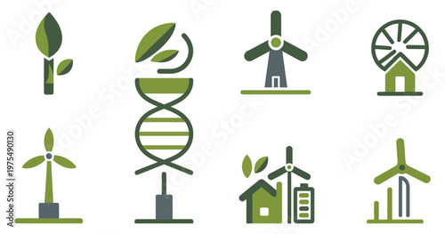 Vertical axis wind turbine VAWT designs with Darrieus helical H rotor, steel gray, bright green, and white, sustainable energy and modern branding design, professional vector illustration.