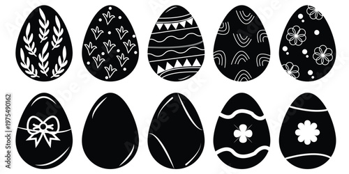 Decorated ester eggs icon vector set. Easter eggs icon vector set. Spring Easter black and white egg elements. Egg shell icon set. Cracked egg vector illustration eps 10.