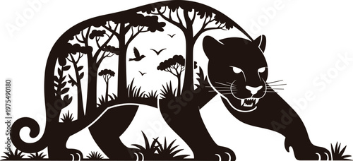 Panther Silhouette with Forest Landscape Double Exposure Style Vector Illustration for Design Use